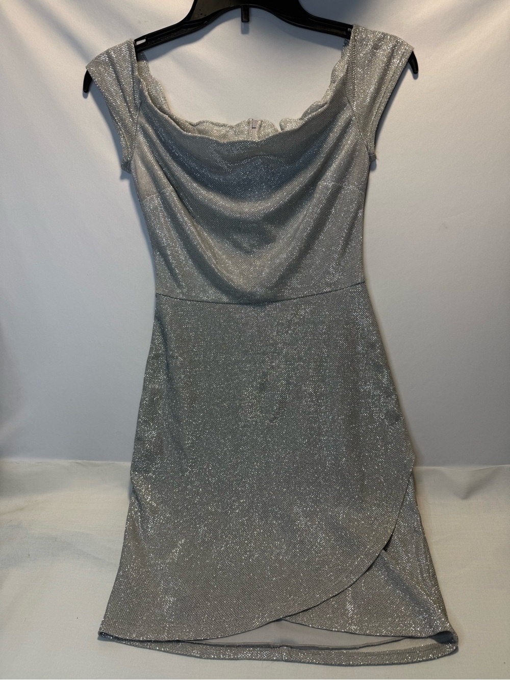 B Darlin Silver Shimmer Cowl Neck Mini Dress. Size 1/2 (small)